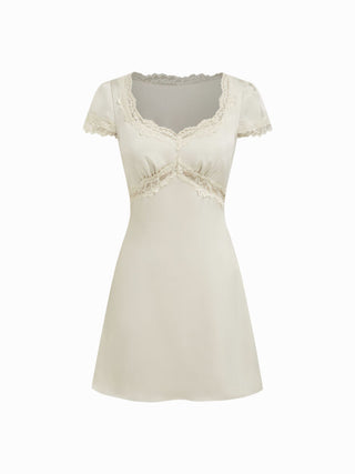 Square Neck Lace Panel Slip Knotted Mini Dress