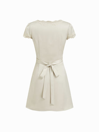Square Neck Lace Panel Slip Knotted Mini Dress