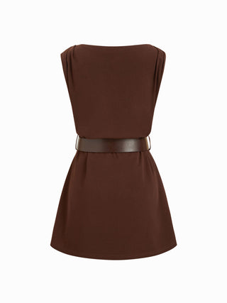 Boat Neck Ruched Belted A-line Mini Dress