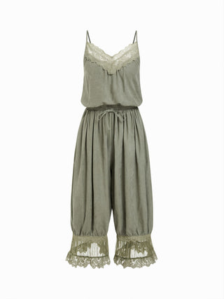 V-neck Lace Panel Oversized Drawstring Bloomer Jumpsuit