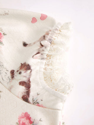 Cat & Floral Graphic Jacquard Puff Sleeve Tee