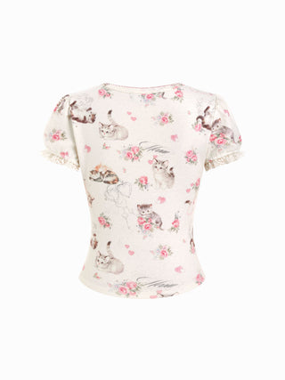 Cat & Floral Graphic Jacquard Puff Sleeve Tee