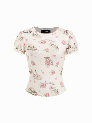Cat & Floral Graphic Jacquard Puff Sleeve Tee