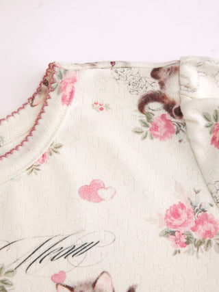 Cat & Floral Graphic Jacquard Puff Sleeve Tee