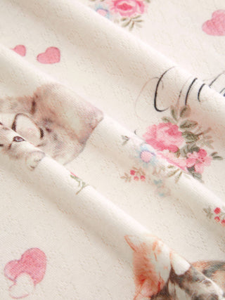 Cat & Floral Graphic Jacquard Puff Sleeve Tee