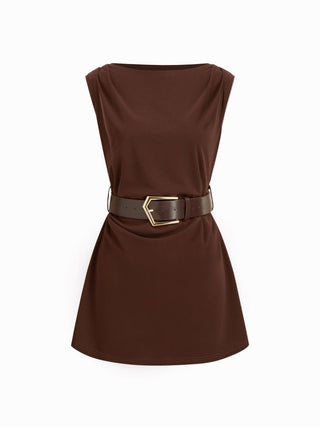 Boat Neck Ruched Belted A-line Mini Dress