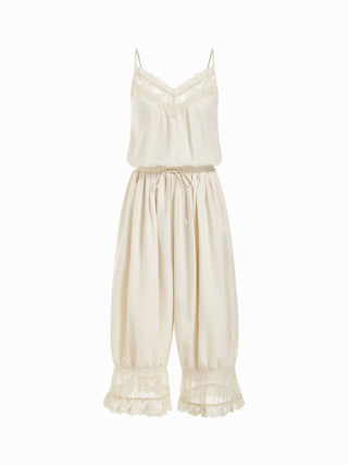 V-neck Lace Panel Oversized Drawstring Bloomer Jumpsuit