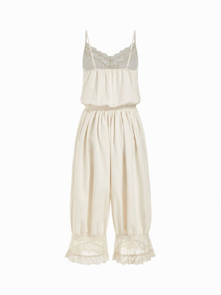 V-neck Lace Panel Oversized Drawstring Bloomer Jumpsuit