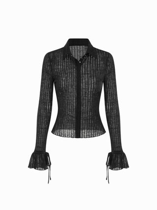 Textured Collar Long Sleeve Ruffle Cuff Top