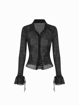 Textured Collar Long Sleeve Ruffle Cuff Top