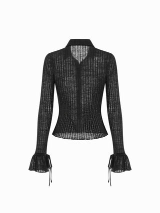 Textured Collar Long Sleeve Ruffle Cuff Top