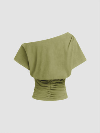 Cotton-blend Asymmetrical Neck Ruched Tee