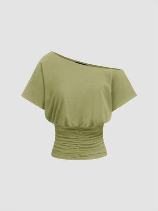 Cotton-blend Asymmetrical Neck Ruched Tee