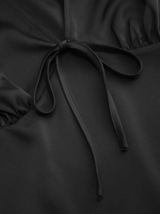 Satin V-neck Ruched Knotted Tie Back Mini Dress