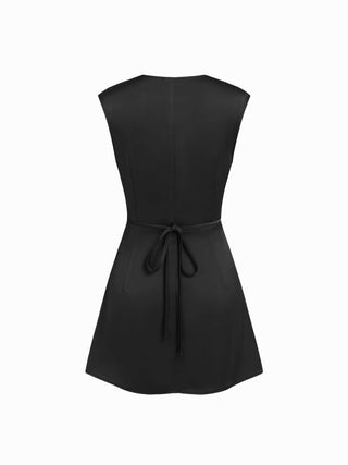 Satin V-neck Ruched Knotted Tie Back Mini Dress