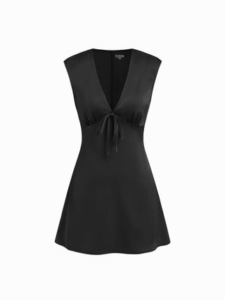 Satin V-neck Ruched Knotted Tie Back Mini Dress