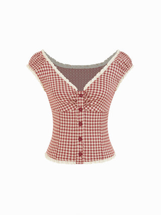Jacquard Jacquard Gingham Sweetheart Raglan Sleeve Ruched Top For Daily Casual Date