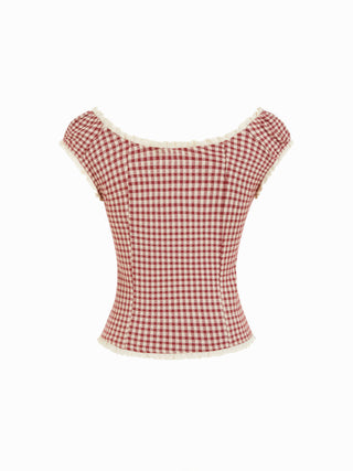 Jacquard Jacquard Gingham Sweetheart Raglan Sleeve Ruched Top For Daily Casual Date