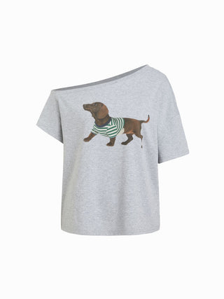 Cotton-blend Dachshund Graphic Asymmetrical Neck Oversized Tee