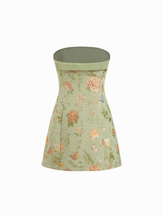 Jacquard Floral Bandeau A-line Mini Dress With Bowknot Scarf