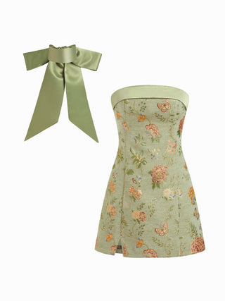 Jacquard Floral Bandeau A-line Mini Dress With Bowknot Scarf