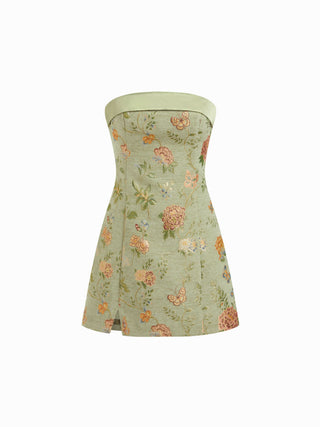 Jacquard Floral Bandeau A-line Mini Dress With Bowknot Scarf