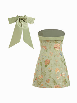 Jacquard Floral Bandeau A-line Mini Dress With Bowknot Scarf