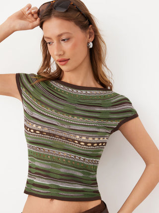 Knit Striped Pointelle Off-Shoulder Short Sleeve Top