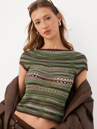 Knit Striped Pointelle Off-Shoulder Short Sleeve Top