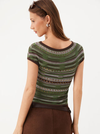 Knit Striped Pointelle Off-Shoulder Short Sleeve Top