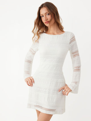 Lace Boat Neck Knotted Backless Bell Sleeve Mini Dress