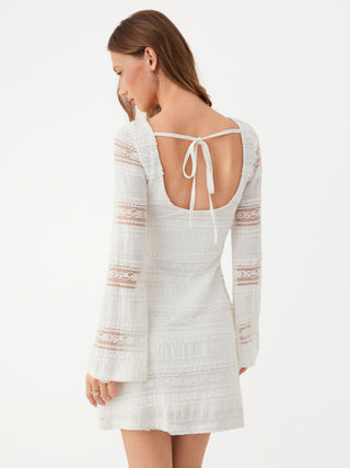 Lace Boat Neck Knotted Backless Bell Sleeve Mini Dress