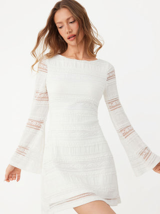 Lace Boat Neck Knotted Backless Bell Sleeve Mini Dress