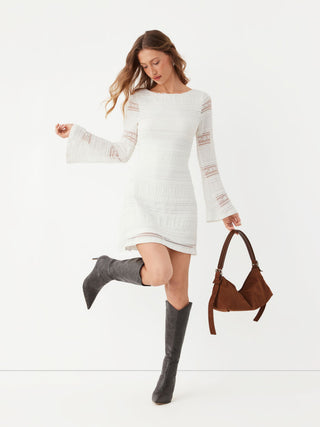 Lace Boat Neck Knotted Backless Bell Sleeve Mini Dress