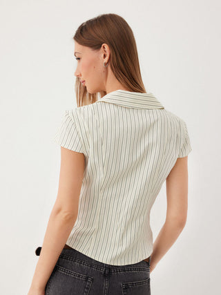 Woven Cotton-blend Stripes Collar Zip Front Short Sleeve Blouse For Daily Casual Work