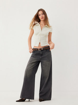 Woven Cotton-blend Stripes Collar Zip Front Short Sleeve Blouse For Daily Casual Work