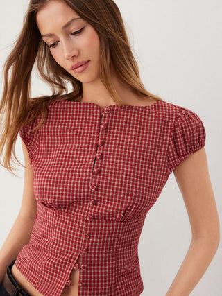 Red Gingham Square Neck Puff Sleeve Blouse
