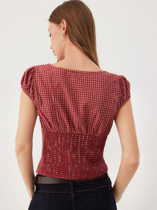 Red Gingham Square Neck Puff Sleeve Blouse