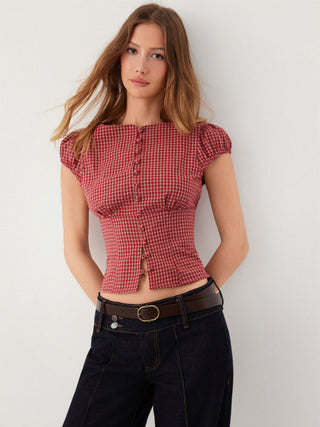 Red Gingham Square Neck Puff Sleeve Blouse