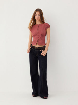 Red Gingham Square Neck Puff Sleeve Blouse