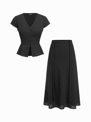 Cotton V-Neck Button Front Peplum Top & Mid Rise A-line Maxi Skirt Set With Belt