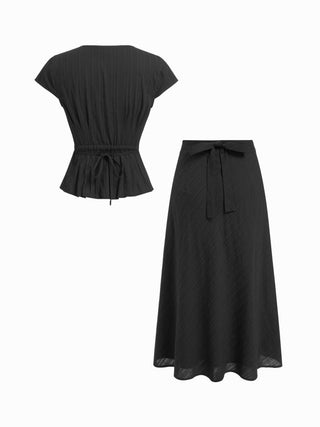 Cotton V-Neck Button Front Peplum Top & Mid Rise A-line Maxi Skirt Set With Belt