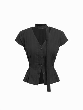 Cotton V-Neck Button Front Peplum Top & Mid Rise A-line Maxi Skirt Set With Belt
