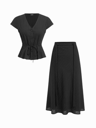 Cotton V-Neck Button Front Peplum Top & Mid Rise A-line Maxi Skirt Set With Belt