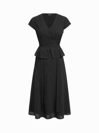 Cotton V-Neck Button Front Peplum Top & Mid Rise A-line Maxi Skirt Set With Belt