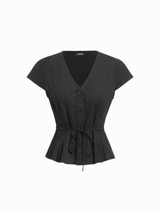 Cotton V-Neck Button Front Peplum Top & Mid Rise A-line Maxi Skirt Set With Belt