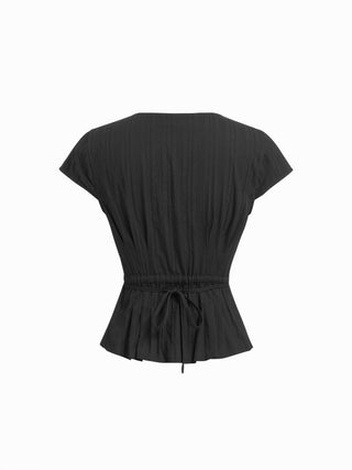 Cotton V-Neck Button Front Peplum Top & Mid Rise A-line Maxi Skirt Set With Belt