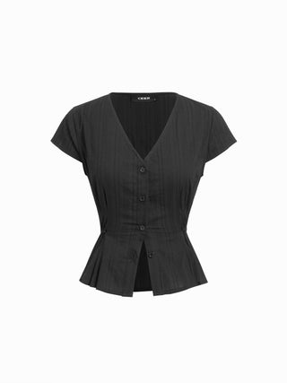 Cotton V-Neck Button Front Peplum Top & Mid Rise A-line Maxi Skirt Set With Belt