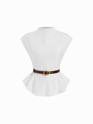 Stand Collar Cinched Waist Top With Belt & Zipper Mermaid Maxi Skirt Set