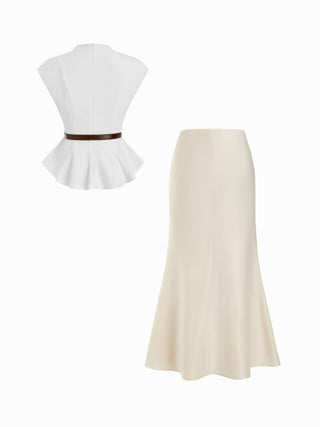 Stand Collar Cinched Waist Top With Belt & Zipper Mermaid Maxi Skirt Set